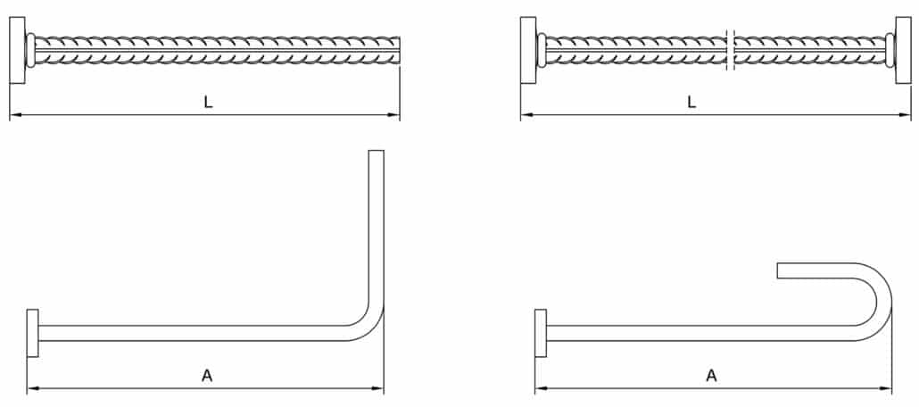 illustratie van lengtedefinitie voor HRC100-serie T-head wapening - inclusief buigstaven